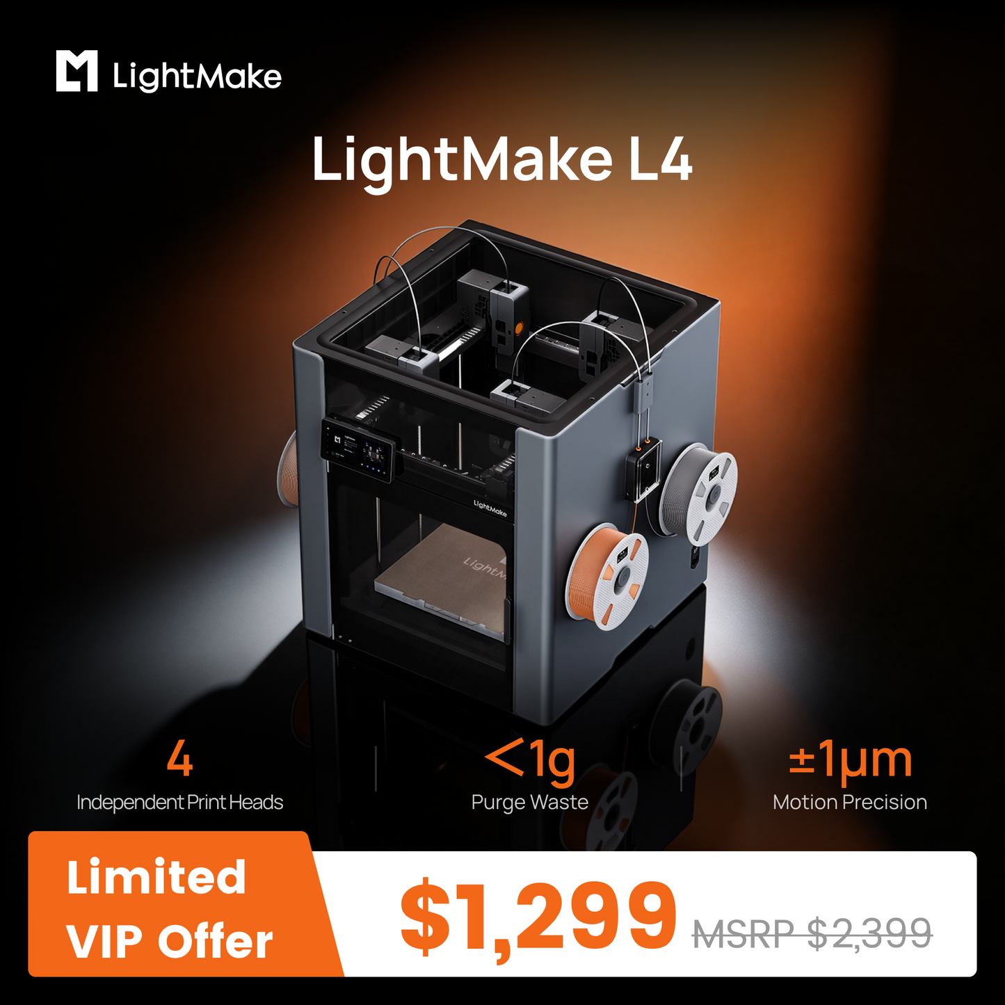 LightMake L4: The World's First Independent 4-Head 3D Printer Powered by Linear Motors Deposit Reservation