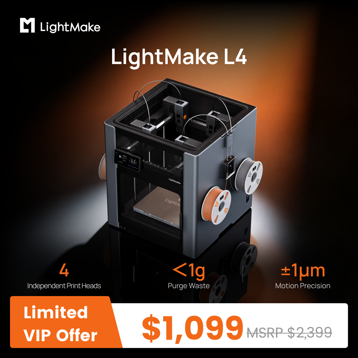 LightMake L4: The World's First Independent 4-Head 3D Printer Powered by Linear Motors Deposit Reservation